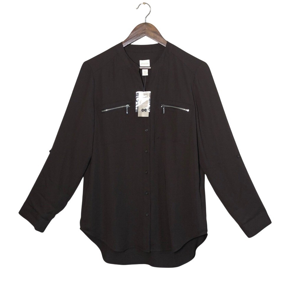 New CHICO'S Women's Medium Zip Pocket Cocoa Bean Campbell Basic Blouse Top